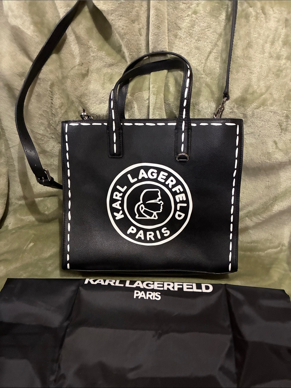 Karl Lagerfeld Black Tote with White Logo and Stitch Detail